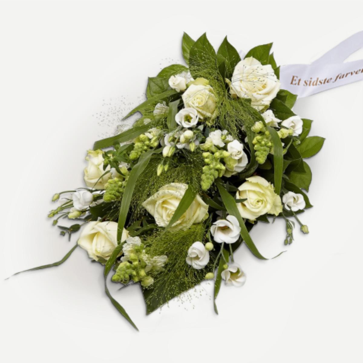 Bårebuket, hvid (Floristens kreative valg) med bånd