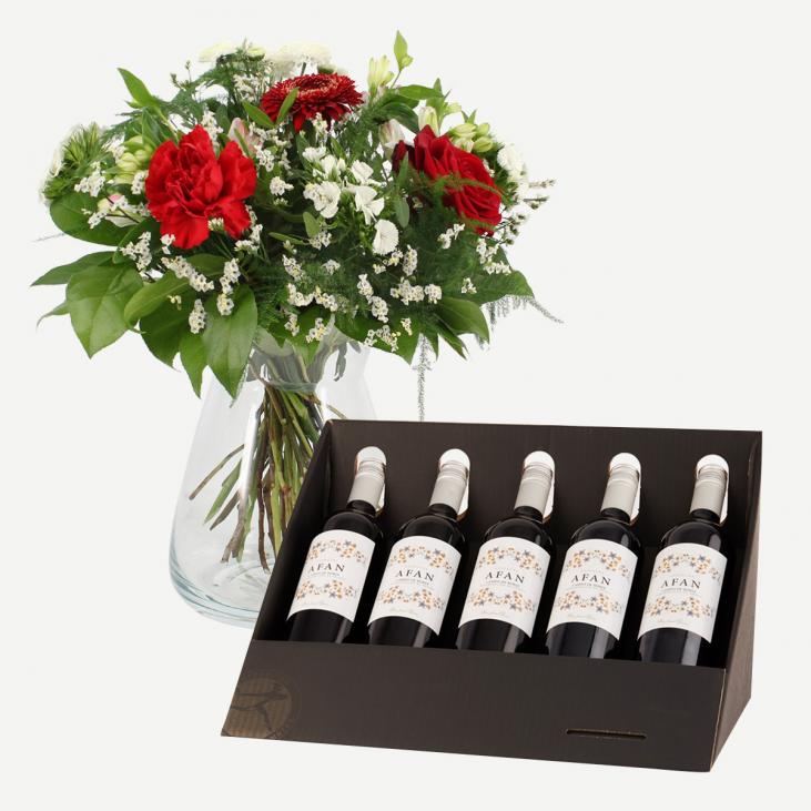 Gaveæske med 5 fl. Afan Bodegas Aragonesas og buket